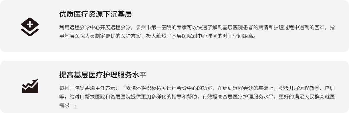 优质医疗资源下沉基层 利用远程会诊中心开展远程会诊，泉州市第一医院的专家可以快速了解到基层医院患者的病情和护理过程中遇到的困难，指导基层医院人员制定更优的医护方案，极大缩短了基层医院到中心城区的时间空间距离。 提高基层医疗护理服务水平 泉州一院吴碧瑜主任表示：“我院还将积极拓展远程会诊中心的功能，在组织远程会诊的基础上，积极开展远程教学、培训等，给对口帮扶医院和基层医院提供更加多样化的指导和帮助，有效提高基层医疗护理服务水平，更好的满足人民群众就医需求”。